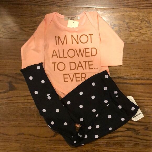 Two Piece Pink and Black with White Polka Pull On Pants With Scalloped Bottoms - Picture 4 of 12